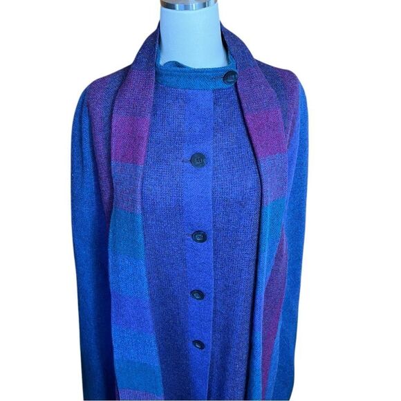 Vintage Avoca Collection Blue Purple Striped 100% Irish Wool Cape Coat Medium - Picture 4 of 11